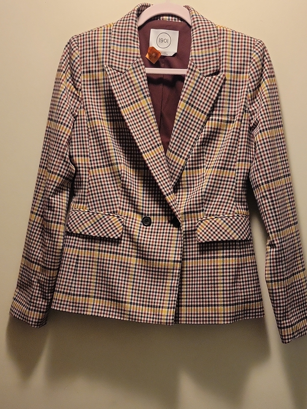 1901 Plaid Blazer Jacket in Burgundy, Cream and Yellow